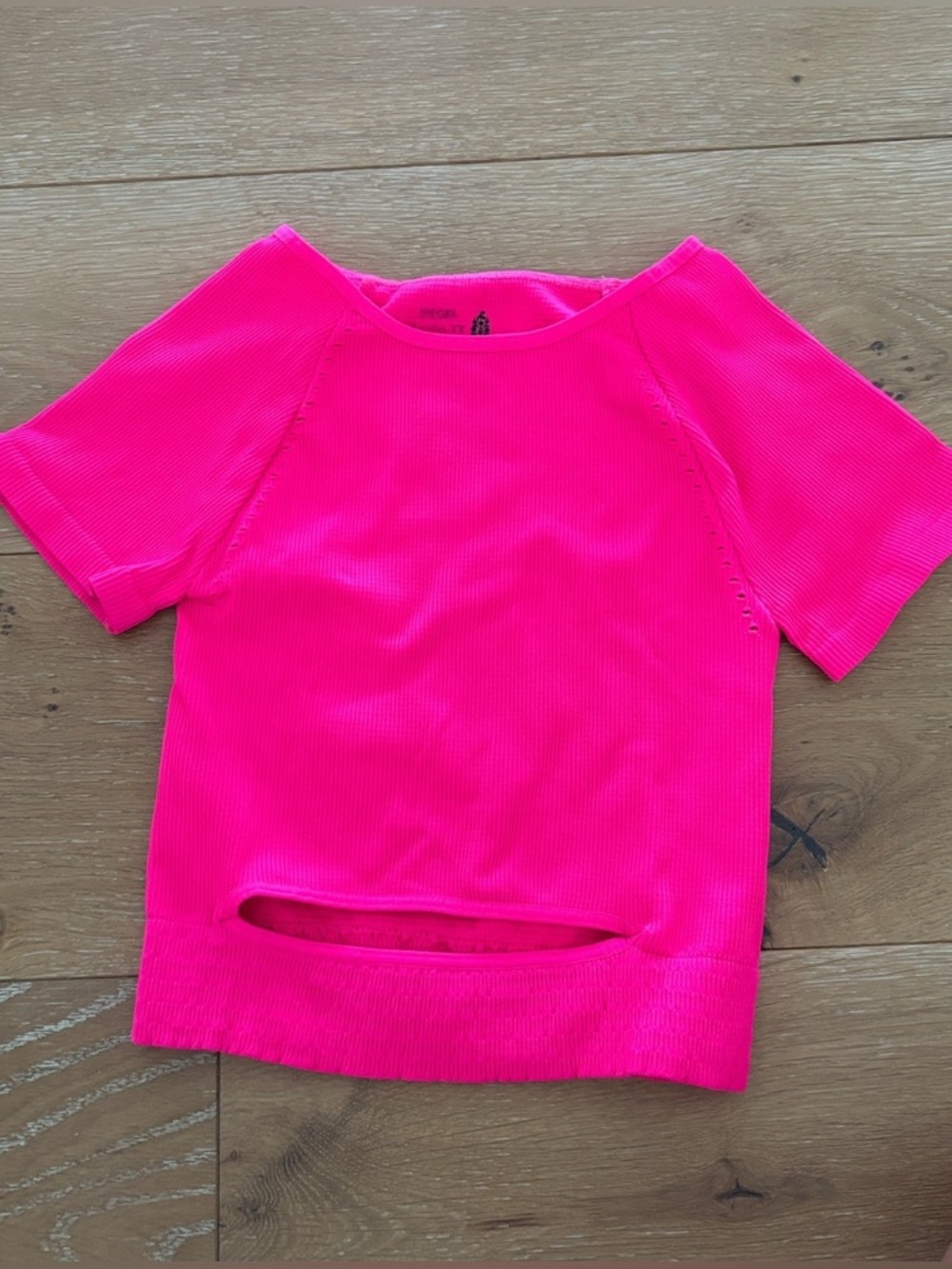 Girls Neon Pink Short Sleeve Ribbed Top with Front Cutout